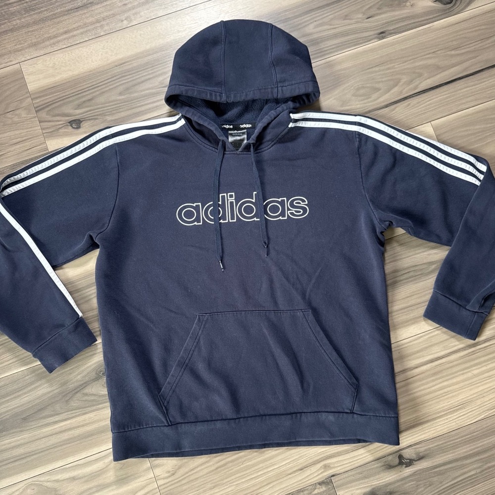 Adidas Mens Essentials 3-Stripe Fleece Hoodie Navy Blue Medium Pullover Logo